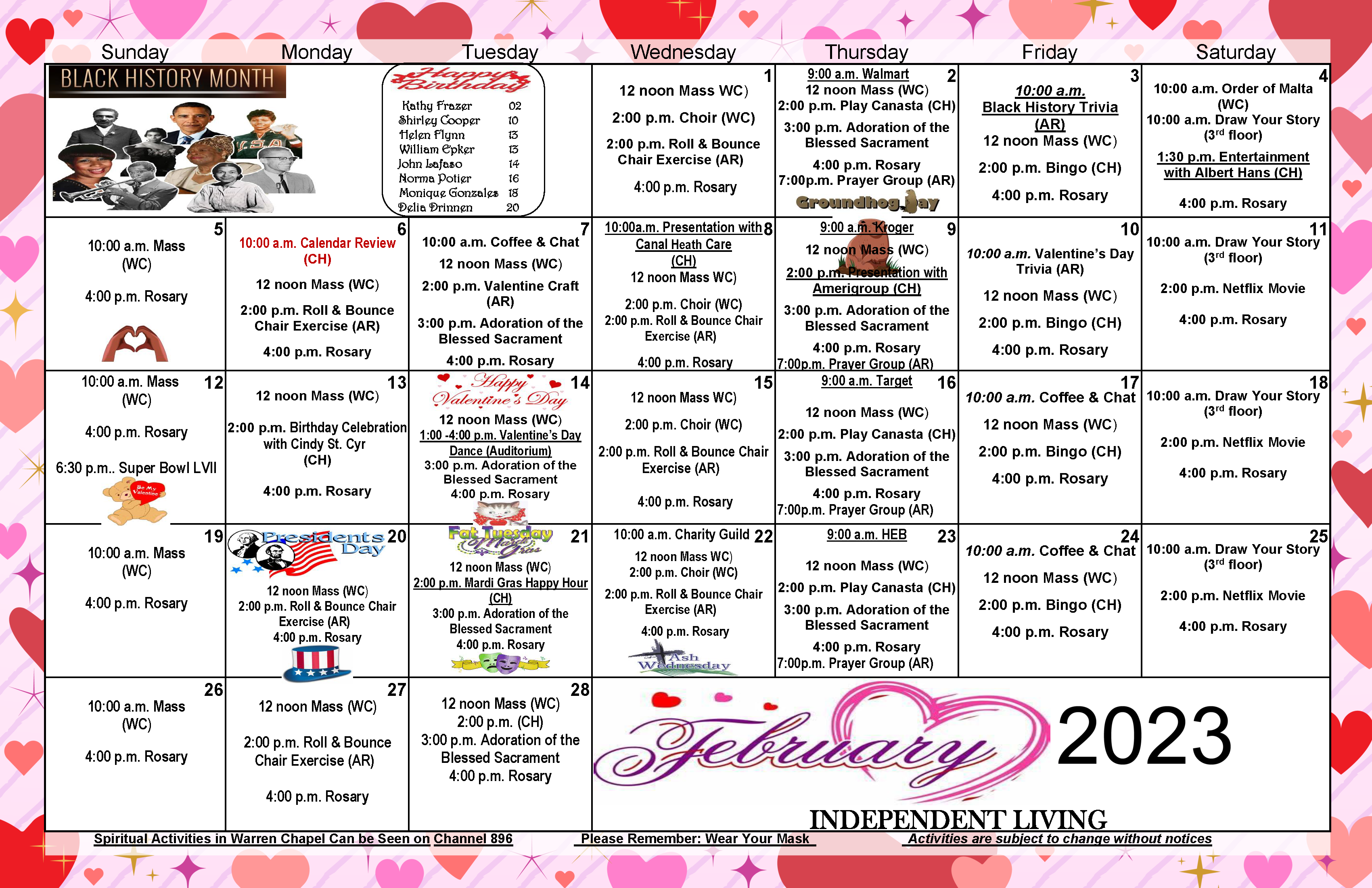 Independent Living February 2023 Activities at St. Dominic Village.