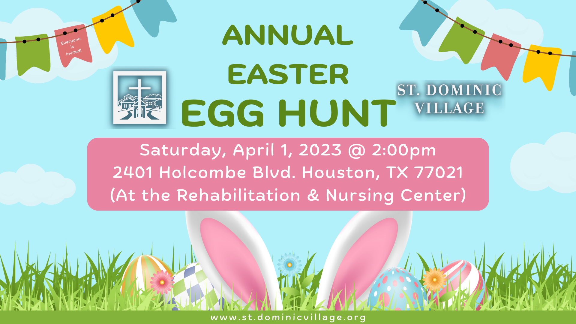 Flyer for Annual Easter Egg Hunt at the Rehabilitation and Nursing Center St. Dominic Village.